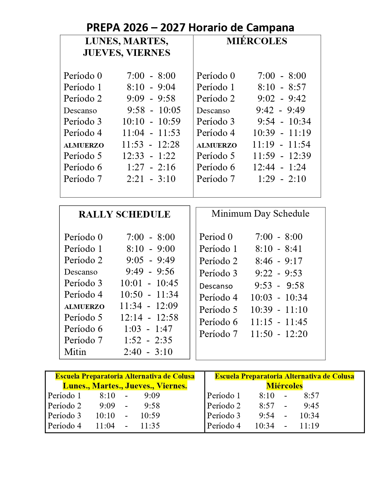 CHS Bell Schedule 26-27 Spanish